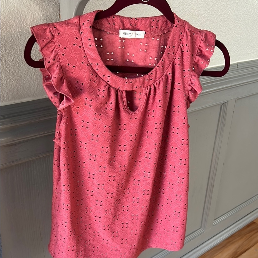 PerSeption Concept Pink Flutter Sleeve Ruffled Blouse